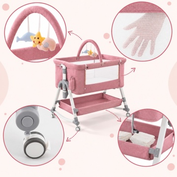 Pătuț portabil roz cu detalii premium plus accesorii pentru bebeluș