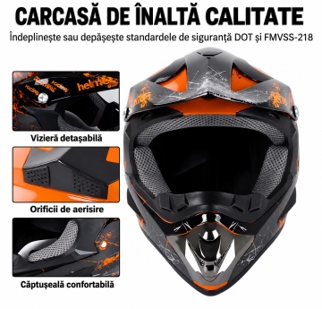 Set Cască Cross Orange Strike cu Mănuși, Ochelari, Cagulă și Suport de Perete, Dirt Bike, Enduro, Atv, Mărime - Flytec - Img 5