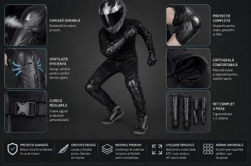 Set protecții moto negre, colaj cu detalii și componente - DenisNetwork