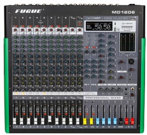 Аудио миксер Fugue MD-1206, 12 канала с USB и Bluetooth, LED индикатор, входове за микрофон/инструмент, функция за караоке, ефекти, Bluetooth, USB/SD, LCD