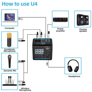 Професионален аудио миксер с Bluetooth и запис, 4 канала, USB MP3 плейър, Echo ефект и фантомно захранване за DJ, караоке и събития - Img 4