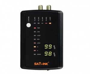 Adjusted and installed satellite dish antenna device SatLink WS6927 DVB-S2 SAT Finder Portable Satfinder with its own battery with Romanian satellites