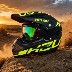 Cască cross și ATV negru-verde neon purtată cu ochelari pe teren - Flytec™