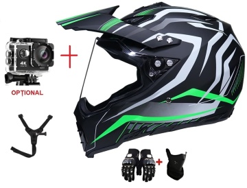 Cască cross și ATV Green Pulse cu vizieră, cameră video, mănuși și cagulă - Flytec™