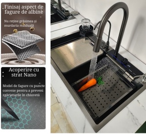 baterie cu display digital, cascadă rotativă, baterie filtru apă, dozator detergent, spălător pahare, suport cuțite, 2 tăvițe uscare + tocător