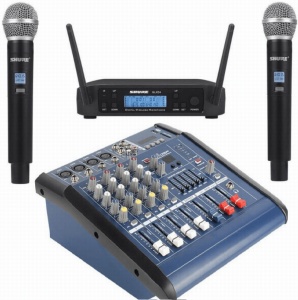 Complete package for professional audio performance: Mixer with 2x250W amplification and 2 Shure GLXD4 microphones