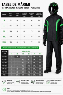 Costum ploaie moto negru cu verde, tabel de mărimi pentru geacă și pantaloni