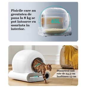 Litieră Automată Smart pentru Pisici, Sistem Auto Curățare, Sterilizare UV, Senzori Ambientali Deep-Clean, Aplicație Tuya, Infraroșu, Display Tactil, Silențioasă, 9L - Img 4