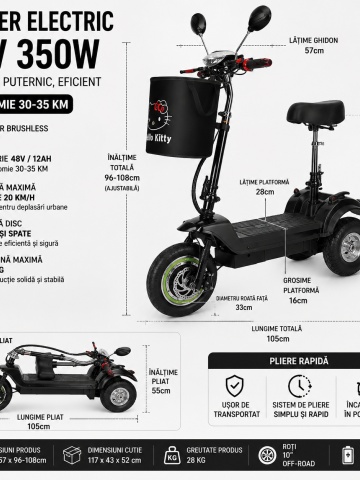 Motocicletă / Trotinetă 36V-500W 10Ah cu șezut reglabil, Scuter electric, Închidere la cheie (Copy 1) - Img 3