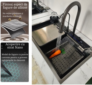 baterie cu display digital, cascadă rotativă, baterie filtru apă, dozator detergent, spălător pahare, suport cuțite, 2 tăvițe uscare + tocător
