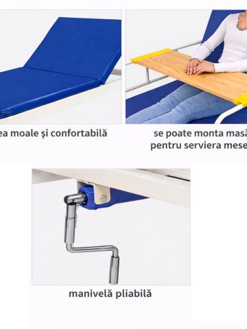 Pat de spital manual reglabil cu saltea, manivelă, protecții laterale, cadru oțel - Img 3
