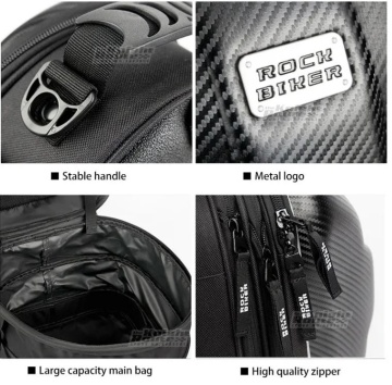 Rucsac moto negru cu aspect carbon, detalii ale fermoarului și mânerului