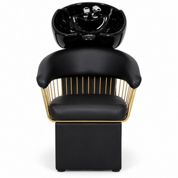 Scafă Coafor Profesională cu Bazin Ceramic Negru, Scaun Ergonomic, Negru-Auriu - Img 3