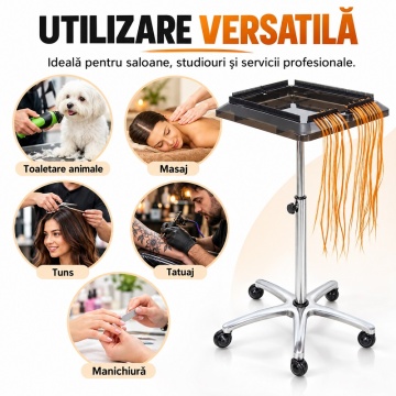Tavă Profesională Coafor cu Roți, Reglabilă 75–112 cm, Suport Ucenic Extensii Păr - Img 7