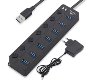USB 3.0 хъб, 7 порта, захранващ адаптер, супер скорост