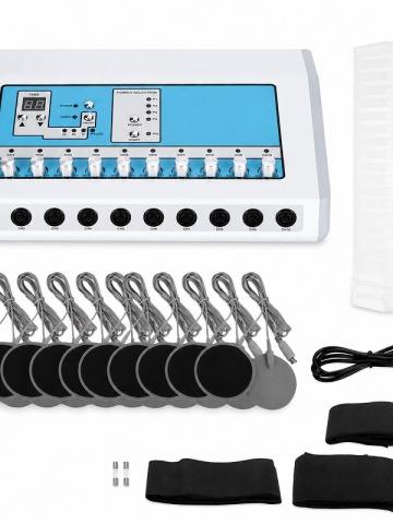 Aparat EMS alb cu panou albastru, electrozi și cabluri - DenisNetwork