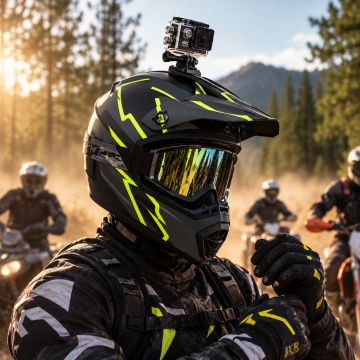 Motociclist purtând casca cross Adrenaline MX Neon, cu cameră de acțiune montată, pe traseu off-road