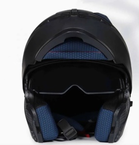Cască moto modulară negru-argintiu, vedere de jos cu interior albastru