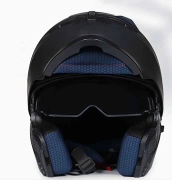 Cască moto scuter modulară negru/alb - vedere de jos cu interior albastru