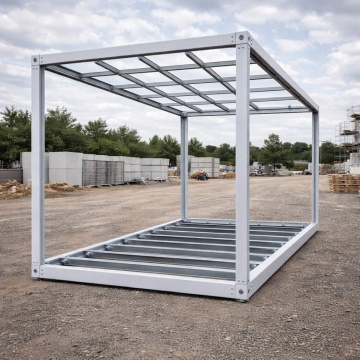 Structură metalică goală de container, fotografiată din colț pe șantier
