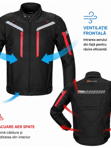 Geacă moto negru-roșu cu ilustrație a ventilației - DenisNetwork