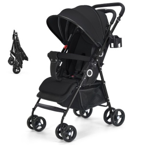 Foldable Baby Stroller, Two-Way Reversible, Sport, Black, With UV Protection Canopy, Adjustable Backrest, Storage Basket, Footrest and Cup Holder