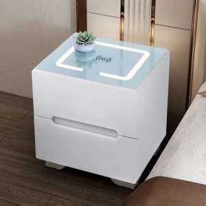 Noptieră smart multifuncțională - Ingrid 2 sertare sticlă albă securizată, încărcare wireless, USB, iluminare LED-uri cu Touch temperatură reglabilă - Img 1