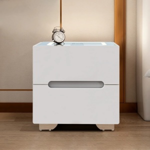 Set of 10 multifunctional smart bedside tables - Ingrid 2 drawers white tempered glass, wireless charging, USB, LED lighting with Touch adjustable temperature - Img 3