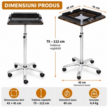 Tavă Profesională Coafor cu Roți, Reglabilă 75–112 cm, Suport Ucenic Extensii Păr - Img 4