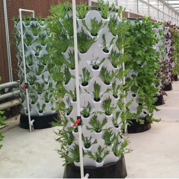 Sistem hidroponic vertical cu plante crescute pe niveluri