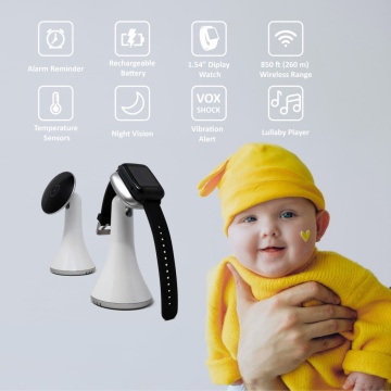Colaj baby monitor cu pictograme pentru alarmă, temperatură și vedere nocturnă