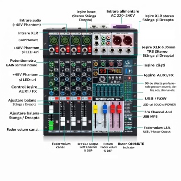 Schema Echipament sonorizare profesională DenisNetwork mixer audio amplificat 300W Tonsil MP-4 cu DSP, intrări microfon XLR și ieșiri stereo