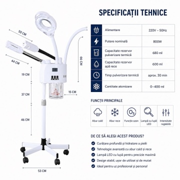 Fișă cu dimensiuni, specificații și funcțiile vapozonului facial
