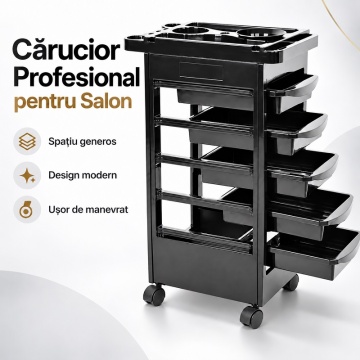 Cărucior Profesional Salon 5 Sertare, 4 Roți Pivotante, Suport Feon - Img 3