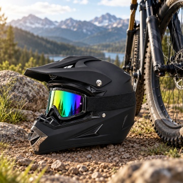 Cască motocross Storm Black Flytec™ așezată pe teren, lângă o bicicletă de munte, pe traseu montan