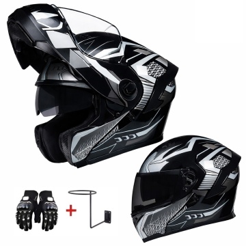 Cască Moto Scuter Modulară Flip-Up Negru/Alb cu Vizieră Dublă și Parasolar Intern - Full Face Rabatabilă, M-XXL - Flytec™