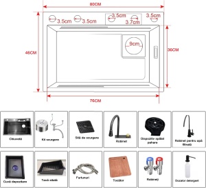 Chiuvetă bucătărie smart multifuncțională (5 funcții) - AQUA 2, inox gri antracit, 80 x 46 cm, baterie principală, cascadă, baterie filtru apă, dozator detergent, spălător pahare, 2 tăvite uscare + tocător - Img 11