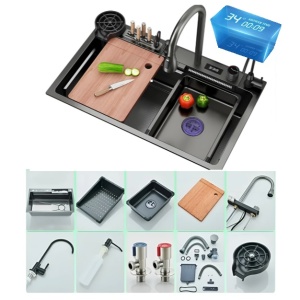 Chiuvetă Bucătărie Smart Multifuncțională (6 funcții) - AQUA 3, Inox gri Antracit, 80 x 46 cm, cu display digital, cascadă, baterie filtru apă, dozator detergent, spălător pahare, suport cuțite, 2 tăvițe uscare + tocător - Img 11