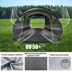 Cort Camping, 3 Persoane, Desfasurare Automata intr-o Secunda, Structura din Aluminiu / Munte / Aventura / Exterior / Drumetie - Img 6