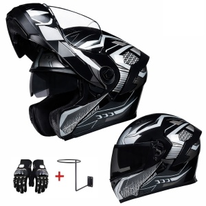 Full Face Flip Up Motorcycle/Scooter Helmet With Double Visor – Black/White Sport Design, Modular Folding System