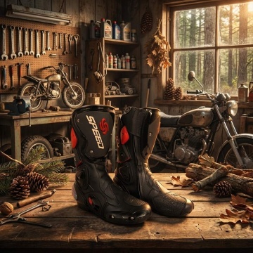 Cizme moto impermeabile negre pe bancul de lucru