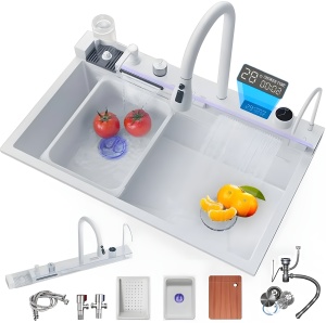 Chiuvetă Bucătărie Smart Multifuncțională Albă Inox (6 funcții) - AQUA 3 - 80 x 46 cm, cu display digital, 2 cascade, baterie filtru apă, dozator detergent