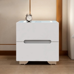 Noptieră smart multifuncțională - Ingrid 2 sertare sticlă albă securizată, încărcare wireless, USB, iluminare LED-uri cu Touch temperatură reglabilă - Img 3