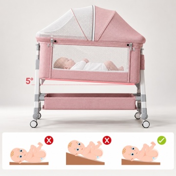 Pătuț bebe roz 3 în 1, Co-sleeping, cu laterala rabatabilă, 5 trepte de înălțime și coș depozitare