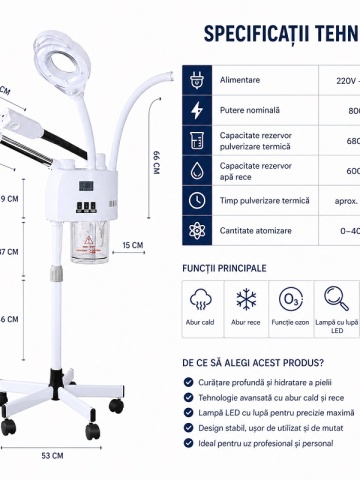 Fișă cu dimensiuni, specificații și funcțiile vapozonului facial