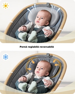 Balansoar gri cu pernă reversibilă, prezentată pentru vreme caldă și rece