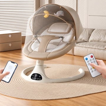 Balansoar electric pentru bebelusi culoare cafea cu lapte, cu plasa de tantari, telecomanda si control inteligent