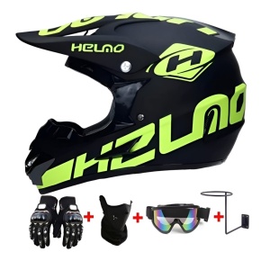 Set Cască Cross Negru/Verde cu Mănuși, Ochelari, Cagulă și Suport de Perete pentru Motociclete, Enduro, Atv, Bicicletă - Flytec™