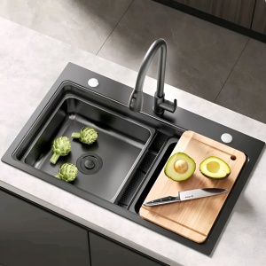 Chiuvetă bucătărie smart multifuncțională (3 funcții) - AQUA 4, inox gri antracit, 80 x 46 cm, baterie principală, dozator detergent, spălător pahare, tăviță de uscare + tocător - Img 2