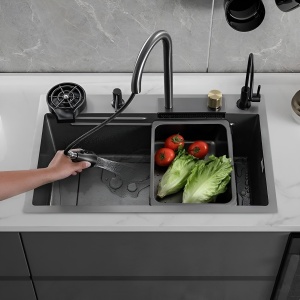 Chiuvetă bucătărie smart multifuncțională (5 funcții) - AQUA 2, inox gri antracit, 80 x 46 cm, baterie principală, cascadă, baterie filtru apă, dozator detergent, spălător pahare, 2 tăvite uscare + tocător - Img 2